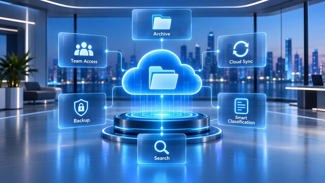 Cloud computing network with data management services like Archive, Cloud Sync, and Backup in a modern corporate office.