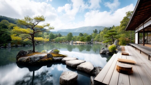 Tranquil Japanese garden scene, lake, trees, wooden structure, and mountain backdrop