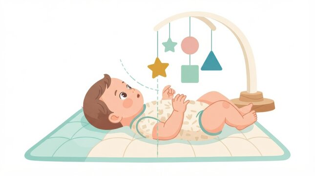 A baby lies on a soft playmat looking up at a mobile with colorful shapes, showing signs of gross motor skills and tracking ability.