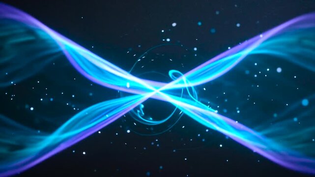 Abstract Futuristic Neon Energy Waves and Glowing Particles, Cyan and Purple Laser Light Trails on Dark Technology Background