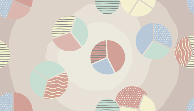 Abstract seamless pattern with pastel colored circle pie charts and diagrams on a soft textured beige background.