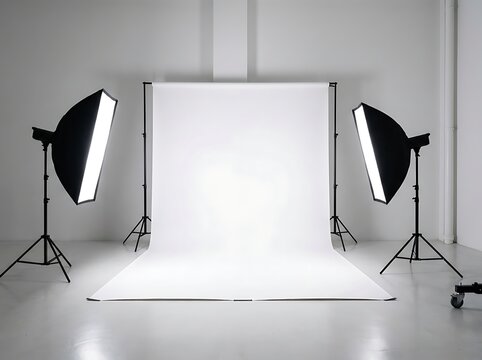 Professional photo studio with backdrop and lighting equipment for photography or videography sessions, clean white background for product shots.