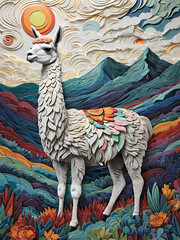 Fototapeta premium Papercut craft illustration of a white llama alpaca with a colorful decorated saddle in front of a layered mountain range under a textured sun sky