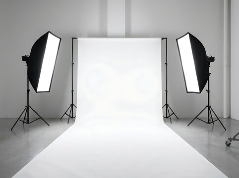 Professional photo studio with backdrop and lighting equipment for photography or videography sessions, clean white background for product shots.