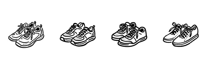 Fototapeta premium Shoes Sneakers Casual And Athletic Footwear Hand Drawn Doodle Icon Set. Footwear And Sports Shoe Sketch Symbol Collection. Fashion And Fitness Industry. Isolated Vector Illustration
