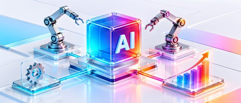 Artificial intelligence concept with robotic arms, data processing, and business growth visualization in a futuristic 3D render