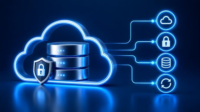 Glowing 3D render of cloud computing with secure data servers, protection shield, and interconnected network icons.