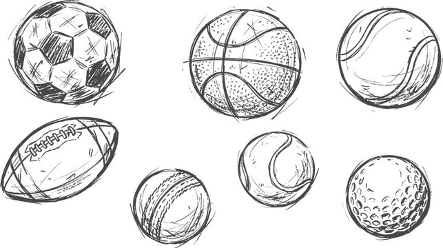 Vintage Hand Drawn Sports Balls Sketch Collection Featuring Soccer Basketball Tennis Rugby Cricket and Golf Equipment Icons for Game Graphic Designs