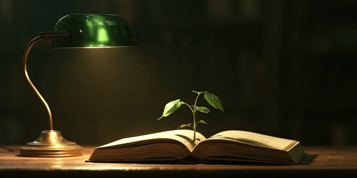 A green lamp illuminates a sapling growing from an open book on a desk