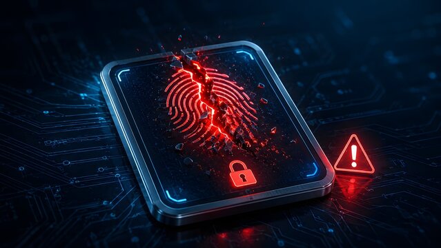 Digital security breach concept with a shattered biometric fingerprint, padlock, and warning sign on a glowing screen