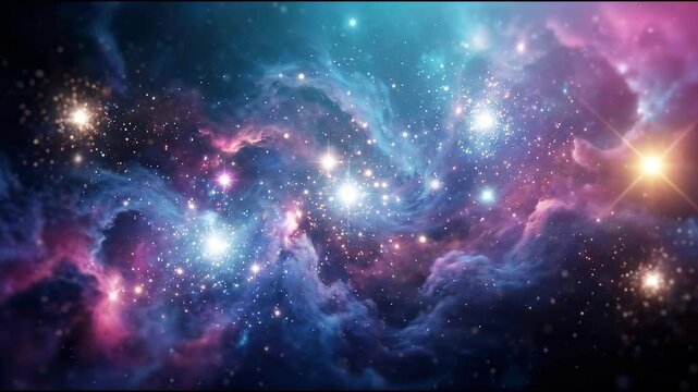 Glowing celestial star clusters in deep space black with cyan and magenta
