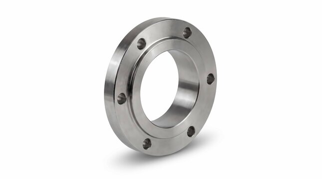 Polished stainless steel circular flange connection piece for industrial pipe systems featuring multiple bolt holes against clean white studio background