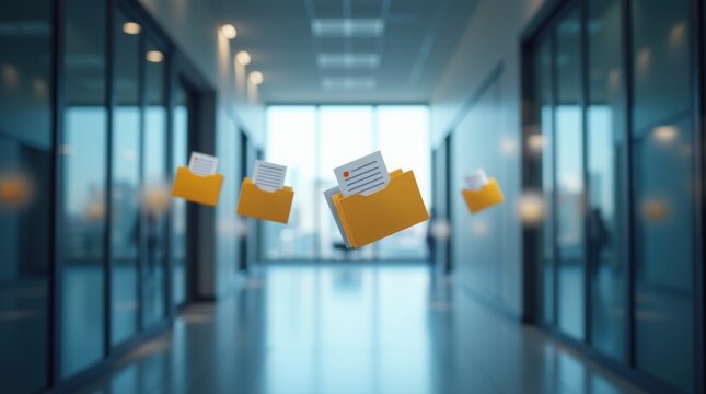 Carpetas digitales flotantes desplaz&aacute;ndose a trav&eacute;s de un pasillo arquitect&oacute;nico abierto entre sistemas de informaci&oacute;n separados