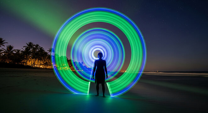 Silhouette of person on beach creating light circles at night, symbolizing creativity, imagination, and the magic of light art against a starry sky