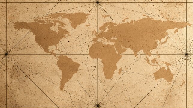 Sepia-toned world map with grid lines and faded texture