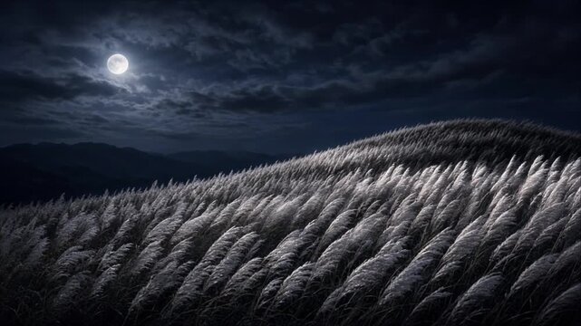 Moonlit Silver Grassland Under Surreal Night Sky, Cinematic Nature Timelapse Background Featuring Rolling Hillside, Dramatic Clouds, and Distant Mountain Silhouettes Creating Mysterious Landscape