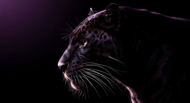 Close-up of a black panther's head in profile against a dark background, symbolizing power, mystery, and elegance