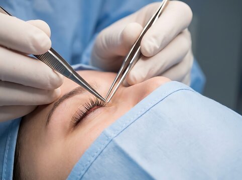 Close up of surgical specialist hands in sterile gloves performing meticulous eyelash transplantation procedure on patient using high precision steel forceps.