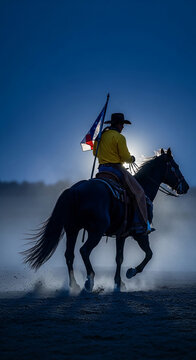 Silhouette of a cowboy riding a horse with a flag against a bright sky, symbolizing freedom, patriotism, and the Wild West adventure.