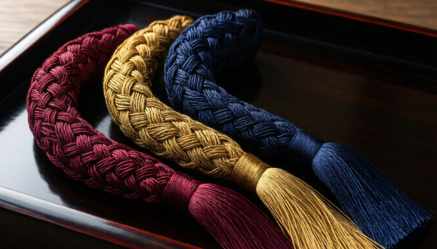 Traditional Japanese Kumihimo Braided Silk Cords on Dark Background