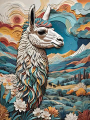 Fototapeta premium Layered papercut style illustration closeup of a majestic white llama with a colorful textured mane against a scenic mountain landscape and swirling clouds