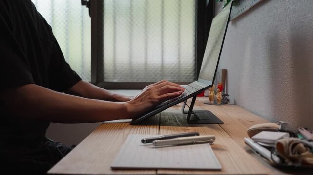 Typing on Tablet Keyboard Side View at Desk 4K