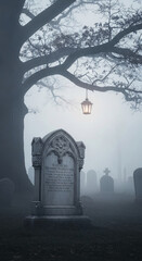 Obraz premium Misty graveyard scene with a prominent tombstone, ancient tree, and hanging lantern, evoking solemnity, remembrance, and eerie atmosphere