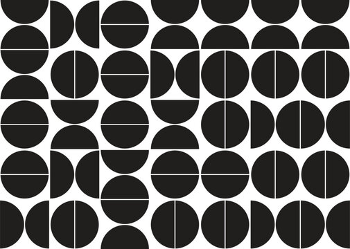 A seamless, high-contrast black and white geometric abstract pattern arrayed on a modular grid against a pure white background. The composition consists of solid black circles and semi-circles divided