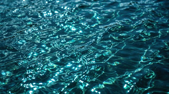 Close up of sparkling blue water surface with ripples and light reflections, abstract liquid texture background, fresh clean pool or ocean wave detail