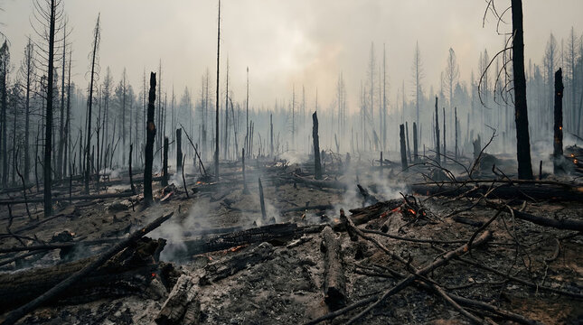 Devastating forest fire aftermath landscape scene