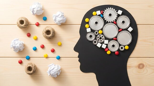Gears and colorful candies inside human head silhouette representing mind process creativity problem solving and analytical thinking for business ideas development.
