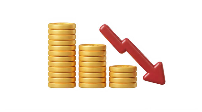 Stack of gold coins with downward red arrow indicating decrease or loss