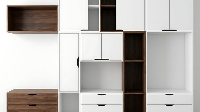 Modern modular storage cabinet system with combination of white and wood grain finishes offering diverse organizational solutions.