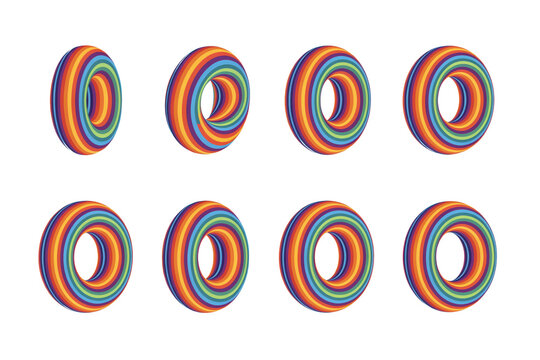 Set of eight three-dimensional torus shapes with colorful concentric rainbow stripes arranged in a grid pattern isolated on a transparent background