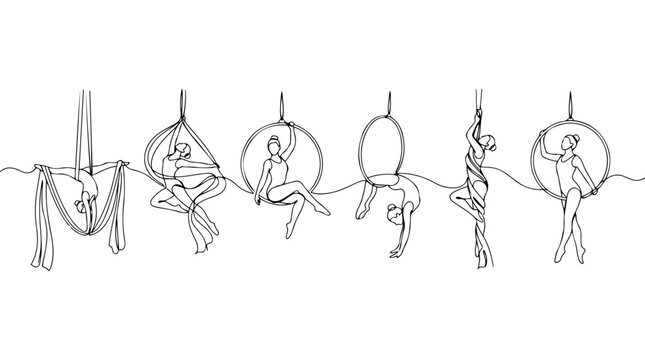 Aerial acrobatics continuous line art illustration set of circus performers