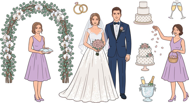 Wedding Illustration Set Featuring Bride Groom Bridesmaid Cake Rings And Floral Arch Vector Illustration