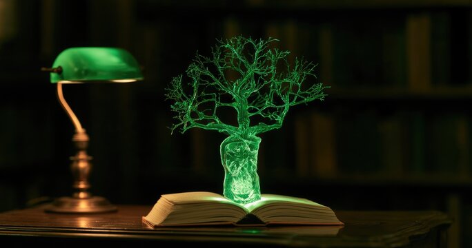 Glowing ethereal tree sprouts from an open book, illuminated by a green desk lamp