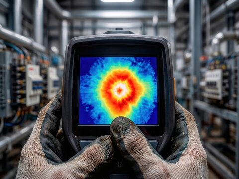 Thermal imaging camera inspecting heat hotspot in an electrical switchboard.