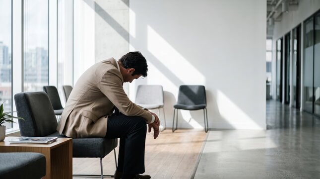 Depressed businessman sitting alone in modern office waiting room, feeling stressed and anxious about job interview, corporate failure concept, negative emotion