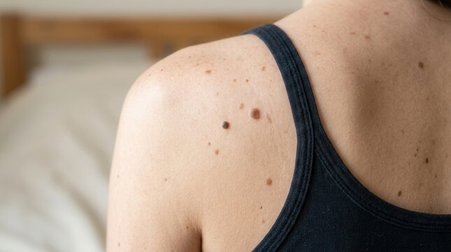 Detailed View Of Skin Moles And Freckles On A Person's Shoulder And Back