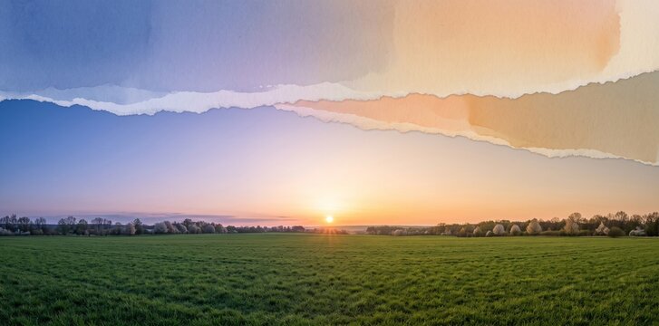 Spring equinox sunrise balancing cool predawn blue and warm golden light above a fresh green meadow in a panoramic torn-paper landscape collage