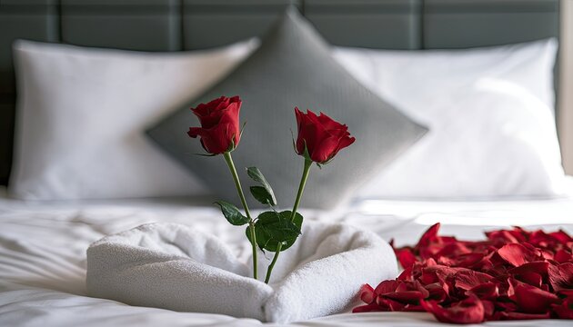 Romantic hotel bed with red roses, heart-shaped towel, and petals