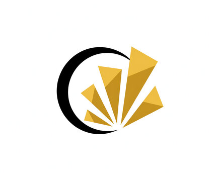Abstract fan-like logo design with golden geometric shapes radiating from a black crescent, symbolizing growth and progress.
