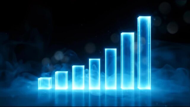 Pitch black backdrop with volumetric fog and a glowing digital blue bar chart