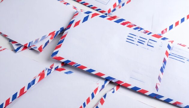 Stack of traditional airmail envelopes with blue red borders.