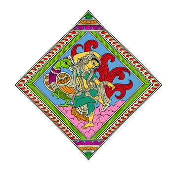 Traditional Indian folk art illustration of a woman with a peacock and ornate decorative border
