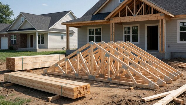 Construction site new house two-story building gray exterior roof front has large porch wooden frame covered m