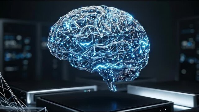 Glowing wireframe neural brain above computing units in a minimalist dark void