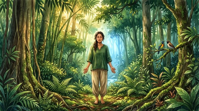 Watercolor Illustration of Barefoot Woman in Green Top Standing in Lush Tropical Bamboo Forest with Colorful Birds and Stream, Forest Bathing Nature Healing Art
