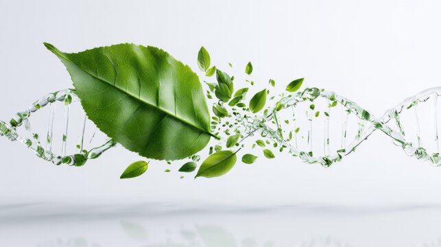 A vibrant green leaf floats above a DNA helix, symbolizing the connection between nature and science. The background is a clean, light gray.